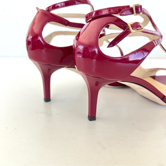 JIMMY CHOO Ivette Burgundy Patent Leather Double Side Buckle Heel Sandals Sz 37 - Picture 3 of 11